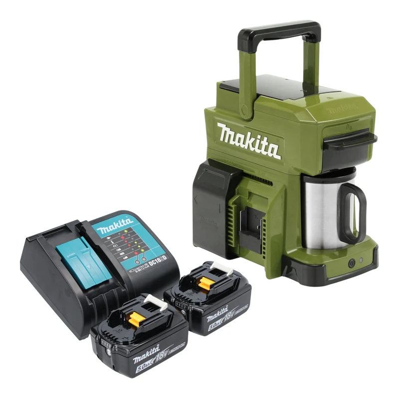Makita DCM 501 ST2O Akku Kaffeemaschine 12 V max. / 18 V Olive + 2x Akku 5,0 Ah + Ladegerät