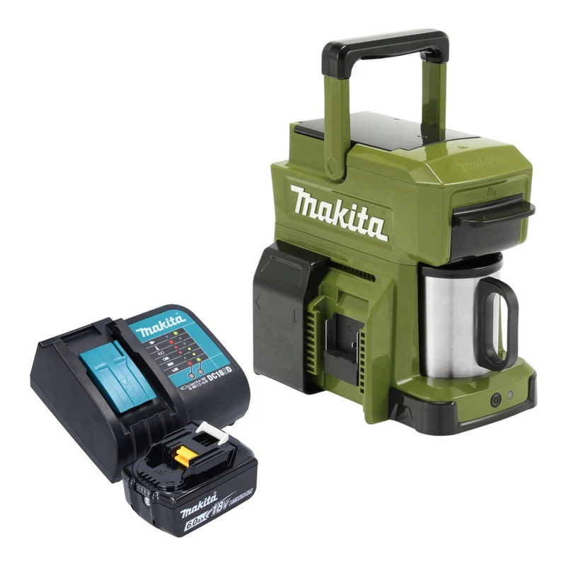 Makita DCM 501 SGO Akku Kaffeemaschine 12 V max. / 18 V Olive + 1x Akku 6,0 Ah + Ladegerät