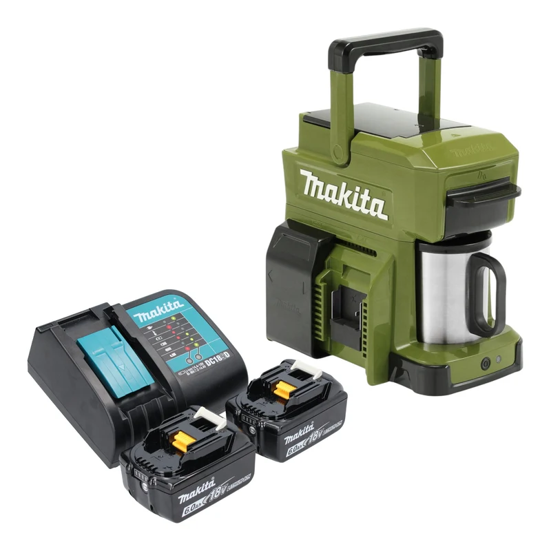 Makita DCM 501 SG2O Akku Kaffeemaschine 12 V max. / 18 V Olive + 2x Akku 6,0 Ah + Ladegerät