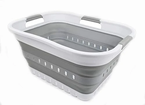 SAMMART Wäschekorb aus Kunststoff, zusammenklappbar, 30 l, mit 3 Griffen, faltbar, Aufbewahrungsbehälter, Organizer, tragbare Waschwanne, platzsparender Korb
