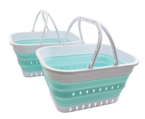 SAMMART 19L zusammenklappbare Wanne mit Griff – tragbarer Outdoor-Picknickkorb/Krater – Faltbare Einkaufstasche – platzsparender Aufbewahrungsbehälter (Weiß/Seegrün (2er-Set))