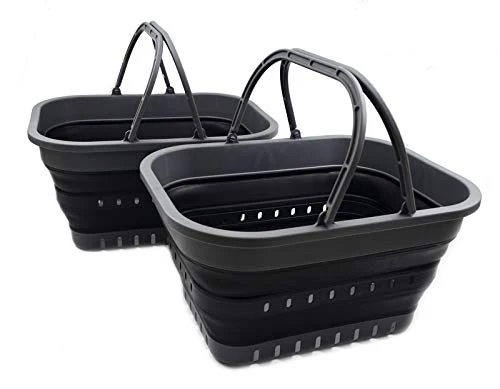 SAMMART 19L zusammenklappbare Wanne mit Griff – tragbarer Outdoor-Picknickkorb/Krater – Faltbare Einkaufstasche – platzsparender Aufbewahrungsbehälter (Grau/Schwarz (2er-Set))