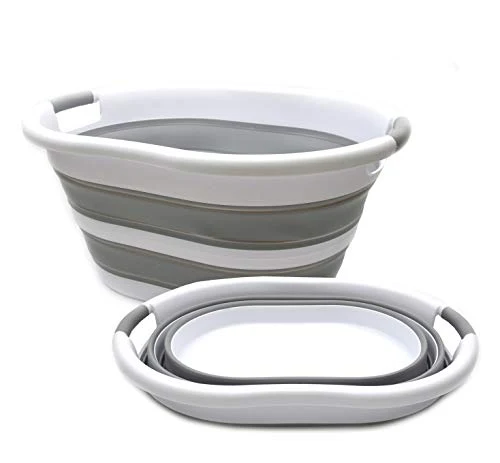 SAMMART Set mit 2 faltbaren Kunststoff-Wäschekorben – ovale Wanne/Korb – faltbarer Aufbewahrungsbehälter/Organizer – tragbare Waschwanne – platzsparender Wäschekorb