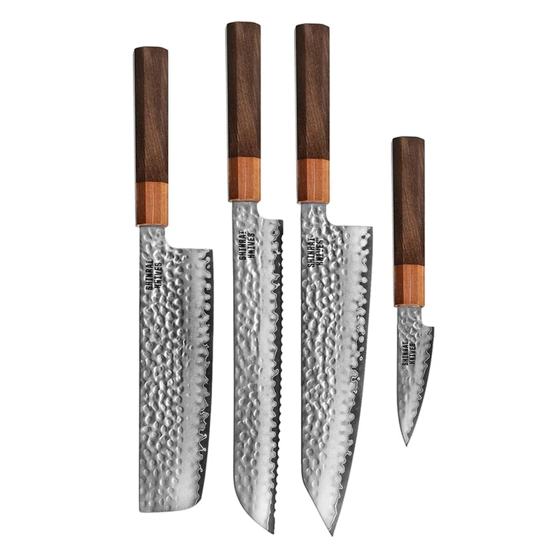 Shinrai Knives – Kigami Exclusive Damaskus 4-teiliges Set – Kiritsuke + Brotmesser + Nakiri + Gemüsemesser