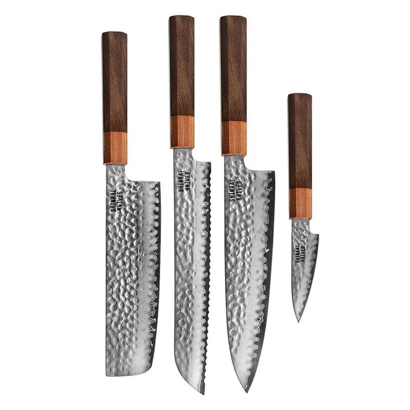 Shinrai Knives – Kigami Exclusive Damascus 4-teiliges Set – Kochmesser + Brotmesser + Nakiri + Schälmesser