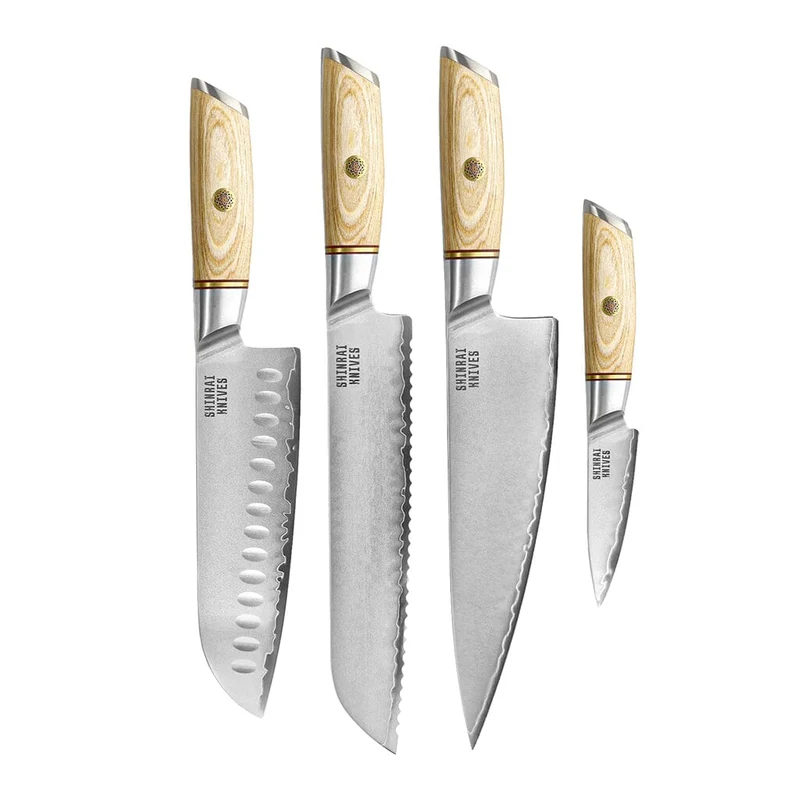 Shinrai Knives - Hikari Damaskus 4-teiliges Set - Kochmesser + Santoku + Brotmesser + Schälmesser