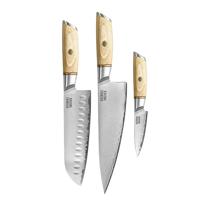 Shinrai Knives – Hikari Damaskus 3-teiliges Set – Kochmesser + Santoku + Schälmesser