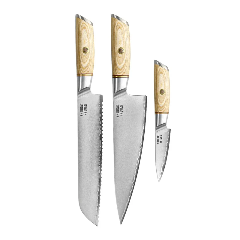 Shinrai Knives – Hikari Damast 3-teiliges Set – Kochmesser + Brotmesser + Schälmesser