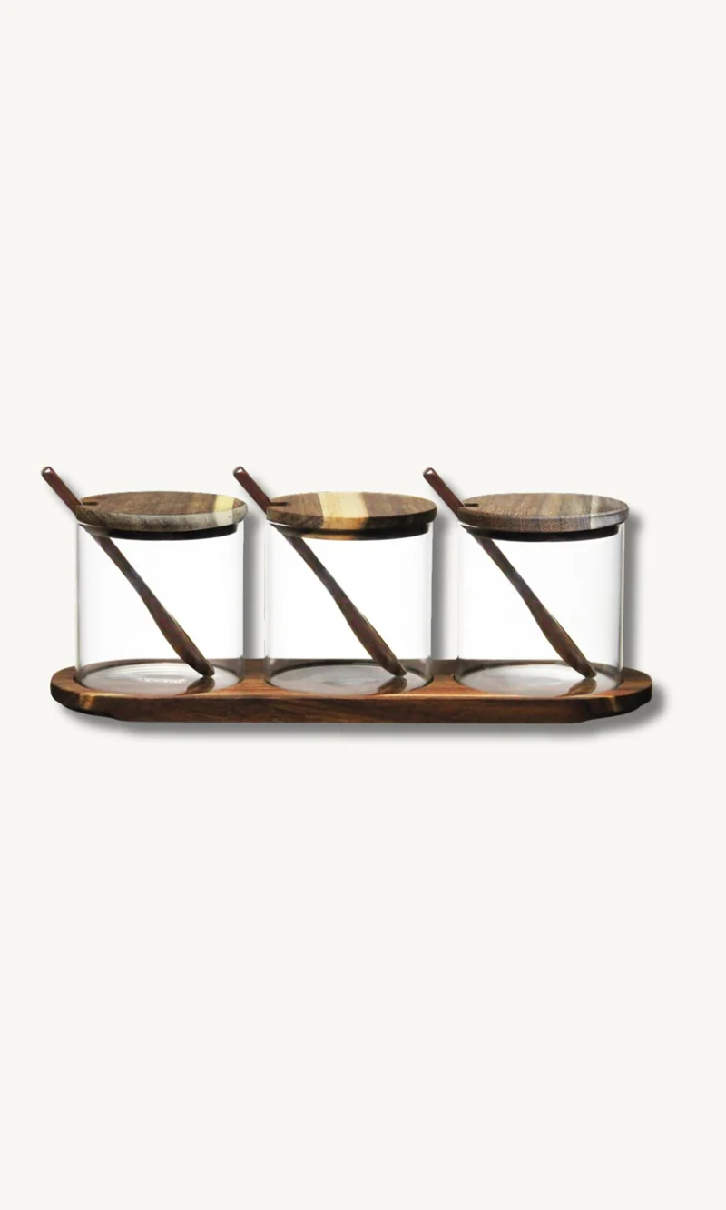 Rio Gewürzgläser Set mit Akaziendeckel und Gewürzlöffel - 3x300ml