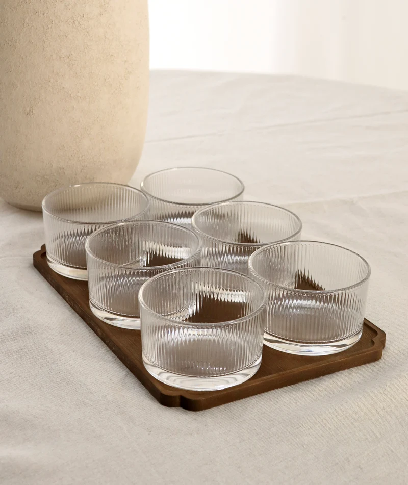 Glasschalen Snackset Rund mit Holztablett 7 teilig