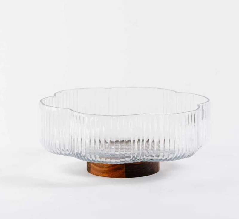 Glasschüssel auf Akaziefuß 26cm