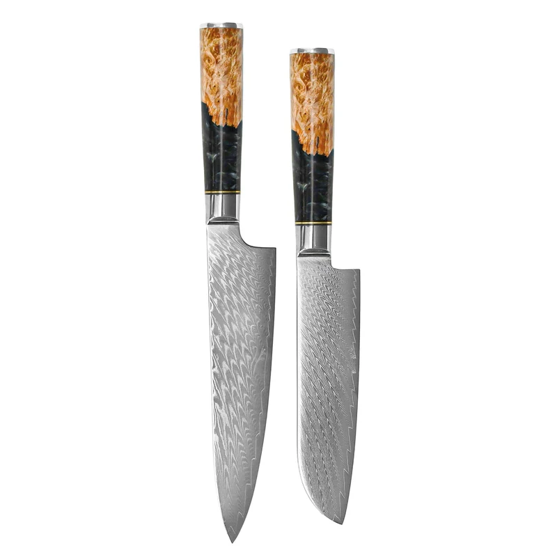 Shinrai Knives - Epoxy Onyx 2-teiliges Damaszenermesser-Set - Kochmesser + Santokumesser