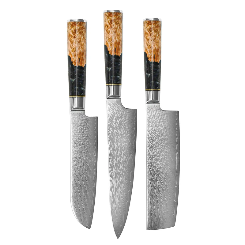 Shinrai Knives - Epoxy Onyx 3-teiliges Damastmesser-Set - Kochmesser + Nakiri + Santoku