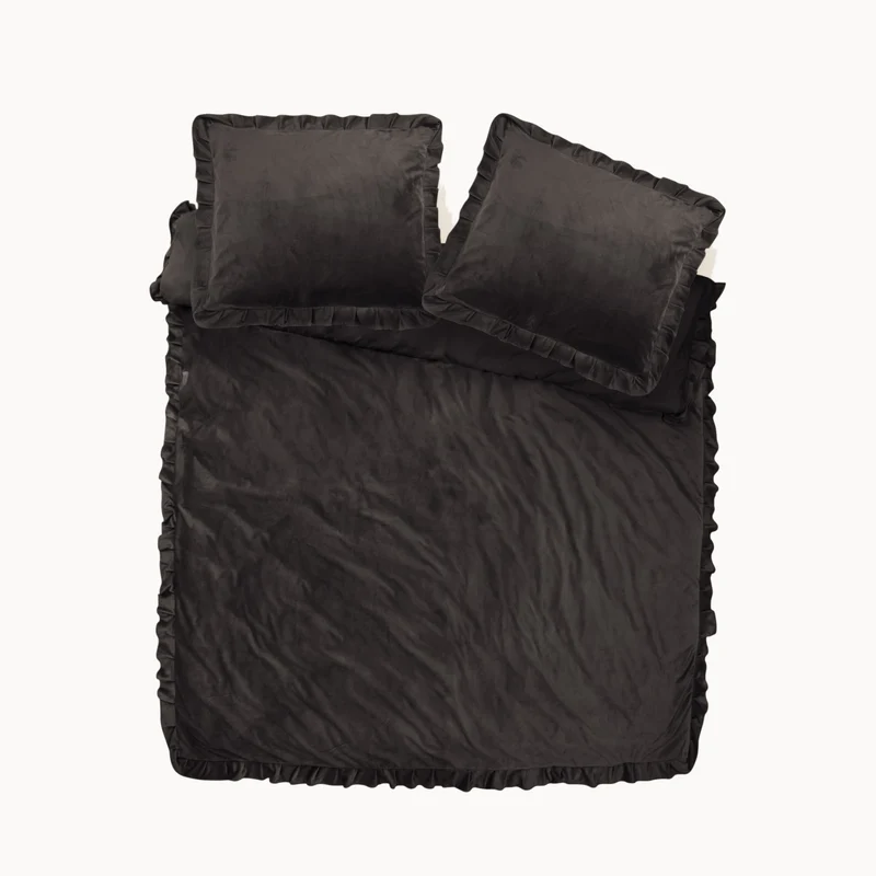 Bettwäsche Set Doppelbett Velvet Ruffle Schwarzbraun Samt