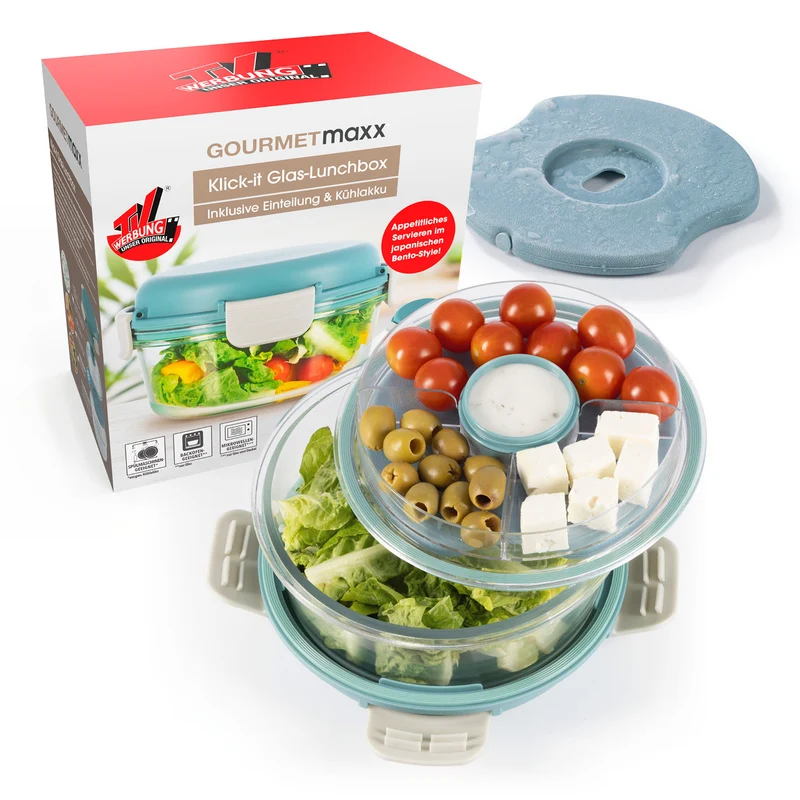 Glas-Lunchbox Klick-it mit integriertem Kühlakku - 950 ml - grau/grün