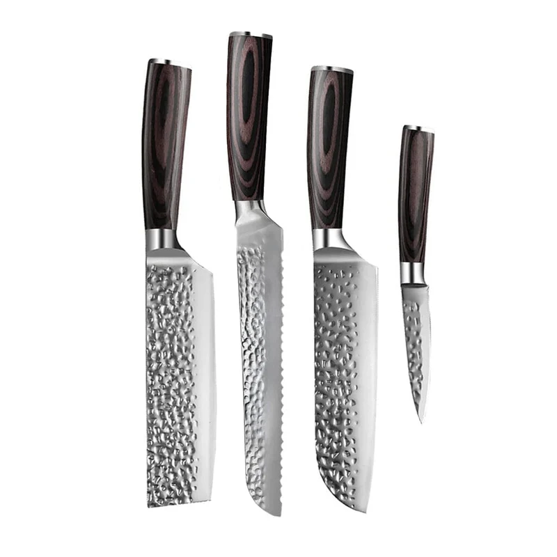 Shinrai Knives - 4-teiliges Messerset aus gehämmertem Edelstahl - Santoku + Brotmesser + Nakiri + Schälmesser