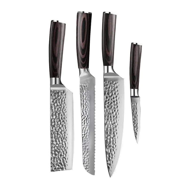 Shinrai Knives – 4-teiliges Messerset aus gehämmertem Edelstahl – Kochmesser + Brotmesser + Nakiri + Schälmesser