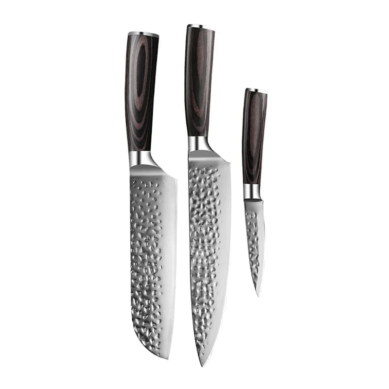 Shinrai Knives – 3-teiliges Messerset aus gehämmertem Edelstahl – Kochmesser + Santoku + Schälmesser