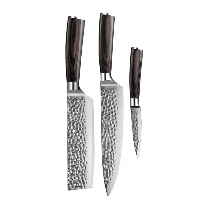 Shinrai Knives – 3-teiliges Messerset aus gehämmertem Edelstahl – Kochmesser + Nakiri + Schälmesser