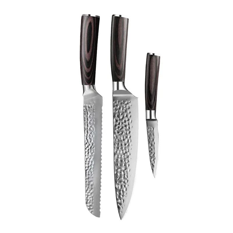 Shinrai Knives – 3-teiliges Messerset aus gehämmertem Edelstahl – Kochmesser + Brotmesser + Schälmesser