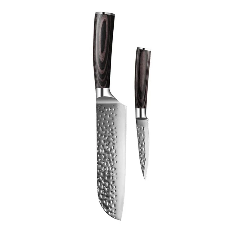 Shinrai Knives – 2-teiliges Messerset aus gehämmertem Edelstahl – Santoku + Schälmesser