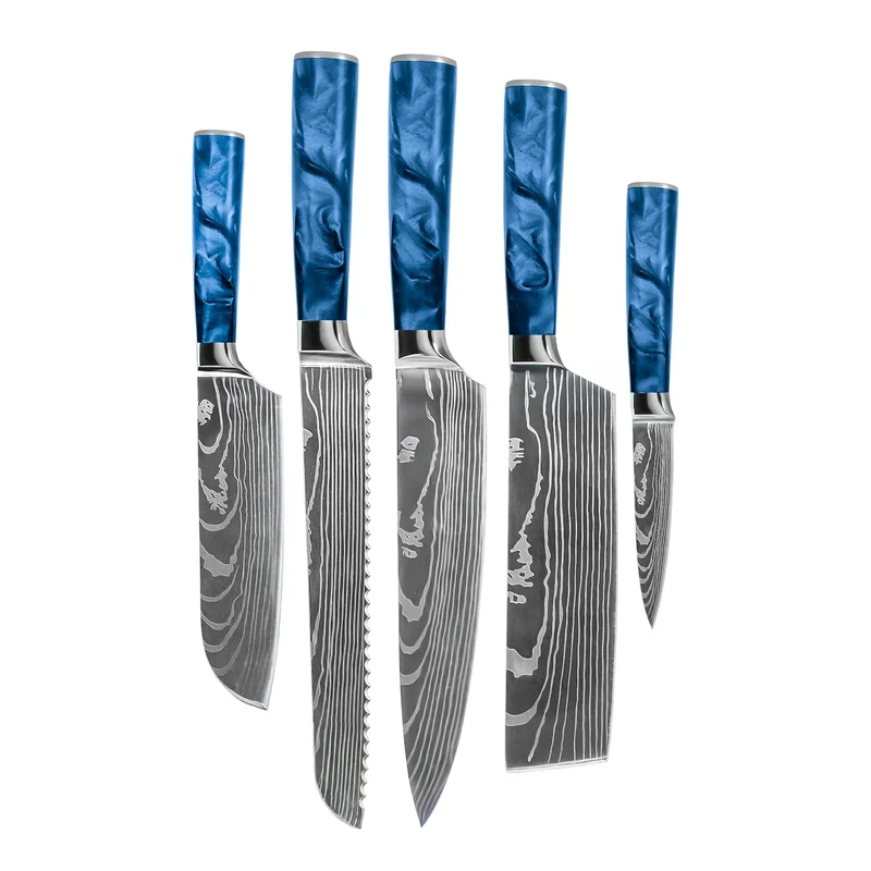 Shinrai Knives – 5-teiliges Messerset mit Damaszener-Print und Epoxid-Saphir – Kochmesser + Brotmesser + Nakiri + kleines Santoku + Schälmesser
