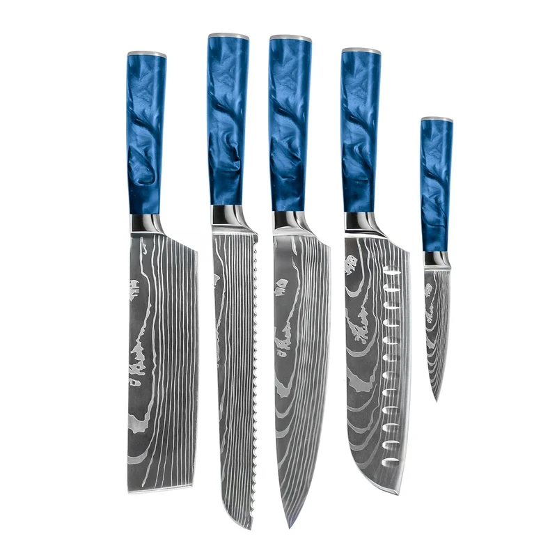 Shinrai Knives – Damascus Print Epoxy Saphir 5-teiliges Messerset – Kochmesser + Brotmesser + Nakiri + Santoku + Schälmesser