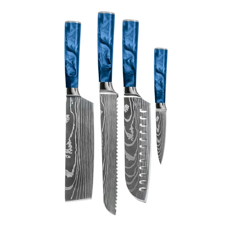 Shinrai Knives - Damascus Print Epoxy Saphir 4-teiliges Messerset - Santoku + Brotmesser + Nakiri + Schälmesser