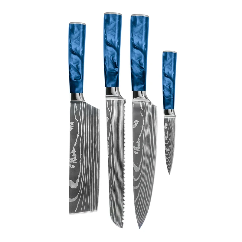 Shinrai Knives – Damascus Print Epoxy Saphir 4-teiliges Messerset – Kochmesser + Brotmesser + Nakiri + Schälmesser