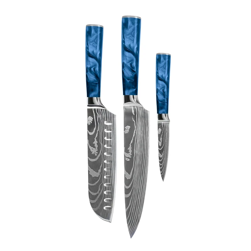 Shinrai Knives – 3-teiliges Messerset mit Damaszener-Print und Epoxid-Saphir – Kochmesser + Santoku + Schälmesser