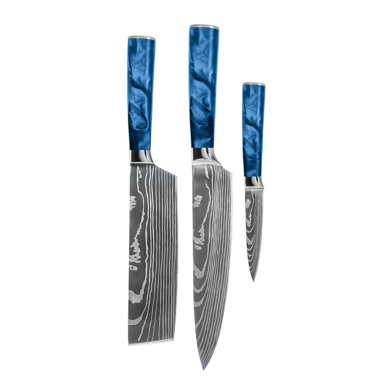 Shinrai Knives – 3-teiliges Messerset mit Damaszener-Print und Epoxid-Saphir – Kochmesser + Nakiri + Schälmesser