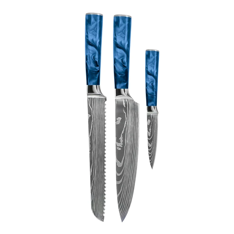 Shinrai Knives – 3-teiliges Messerset mit Damaszener-Print und Epoxid-Saphir – Kochmesser + Brotmesser + Schälmesser