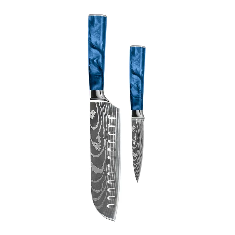 Shinrai Knives - Damascus Print Epoxy Saphir 2-teiliges Messerset - Santoku + Schälmesser