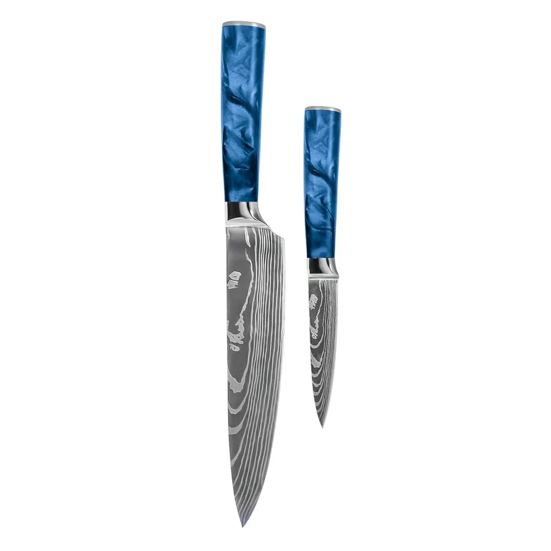 Shinrai Knives – Damascus Print Epoxy Saphir 2-teiliges Messerset – Kochmesser + Schälmesser