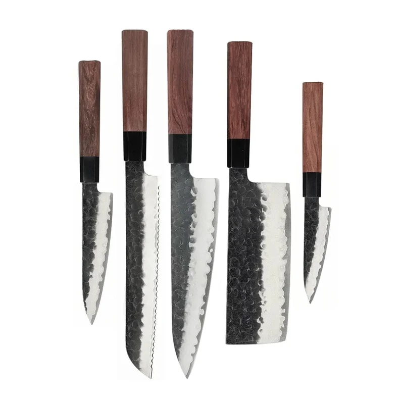 Shinrai Knives – Kurayami 5-teiliges Damastmesser-Set – Kochmesser + Brotmesser + Nakiri + Büromesser + Schälmesser