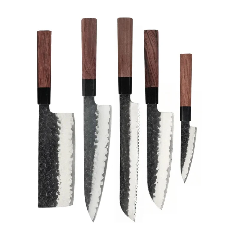 Shinrai Knives – Kurayami 5-teiliges Damastmesser-Set – Kochmesser + Brotmesser + Nakiri + Santoku + Schälmesser