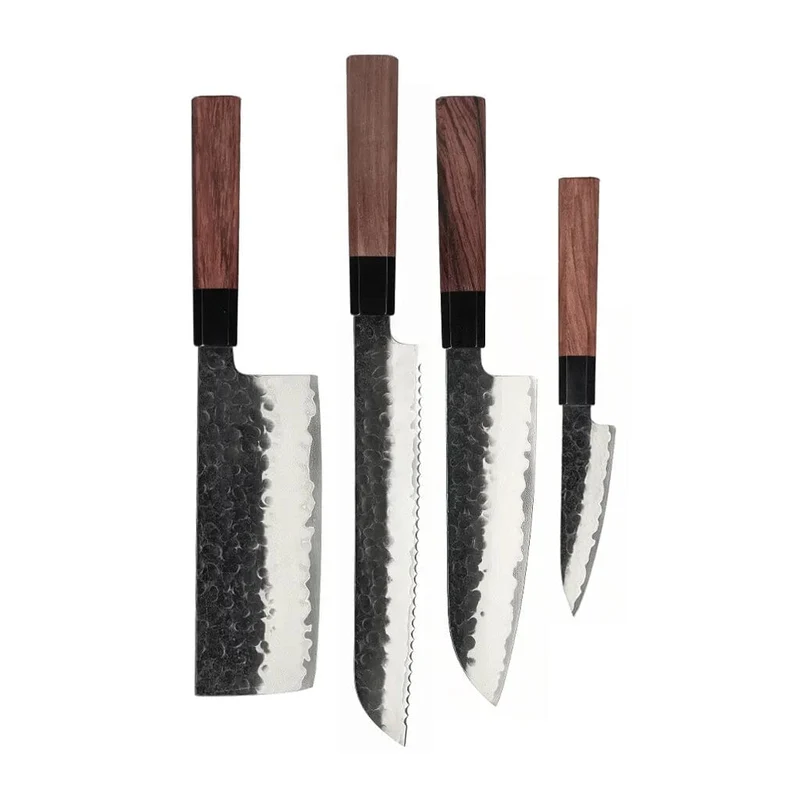 Shinrai Knives – Kurayami 4-teiliges Damastmesser-Set – Santoku + Brotmesser + Nakiri + Schälmesser