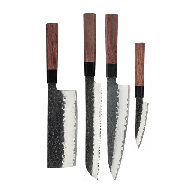 Shinrai Knives – Kurayami 4-teiliges Damastmesser-Set – Kochmesser + Brotmesser + Nakiri + Schälmesser