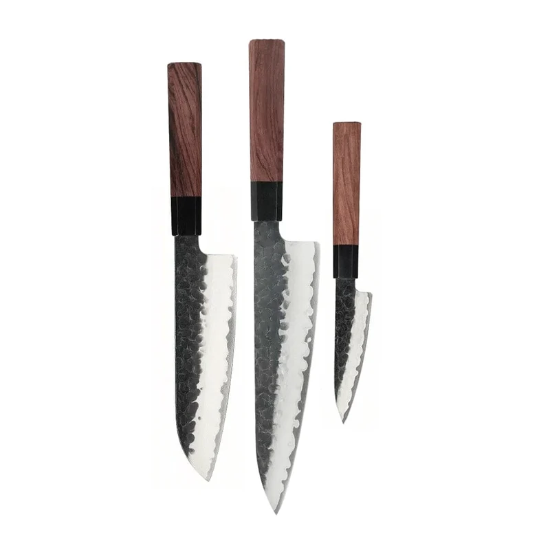 Shinrai Knives – Kurayami 3-teiliges Damastmesser-Set – Kochmesser + Santoku + Schälmesser