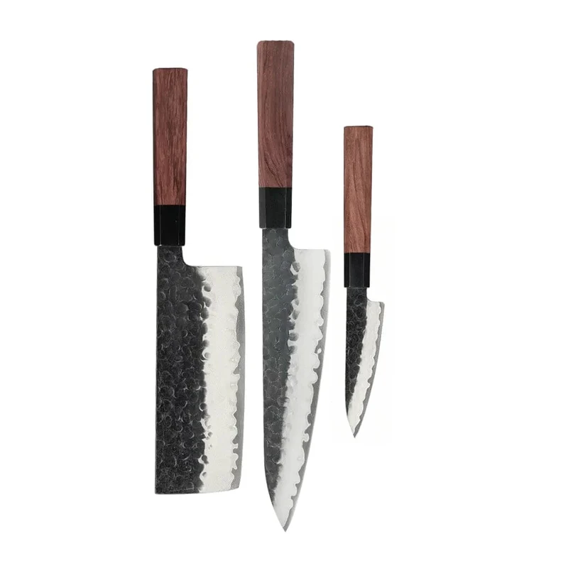 Shinrai Knives – Kurayami 3-teiliges Damastmesser-Set – Kochmesser + Nakiri + Schälmesser