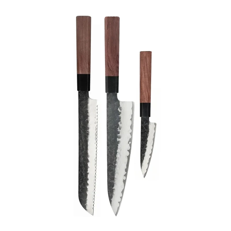 Shinrai Knives – Kurayami 3-teiliges Damastmesser-Set – Kochmesser + Brotmesser + Schälmesser