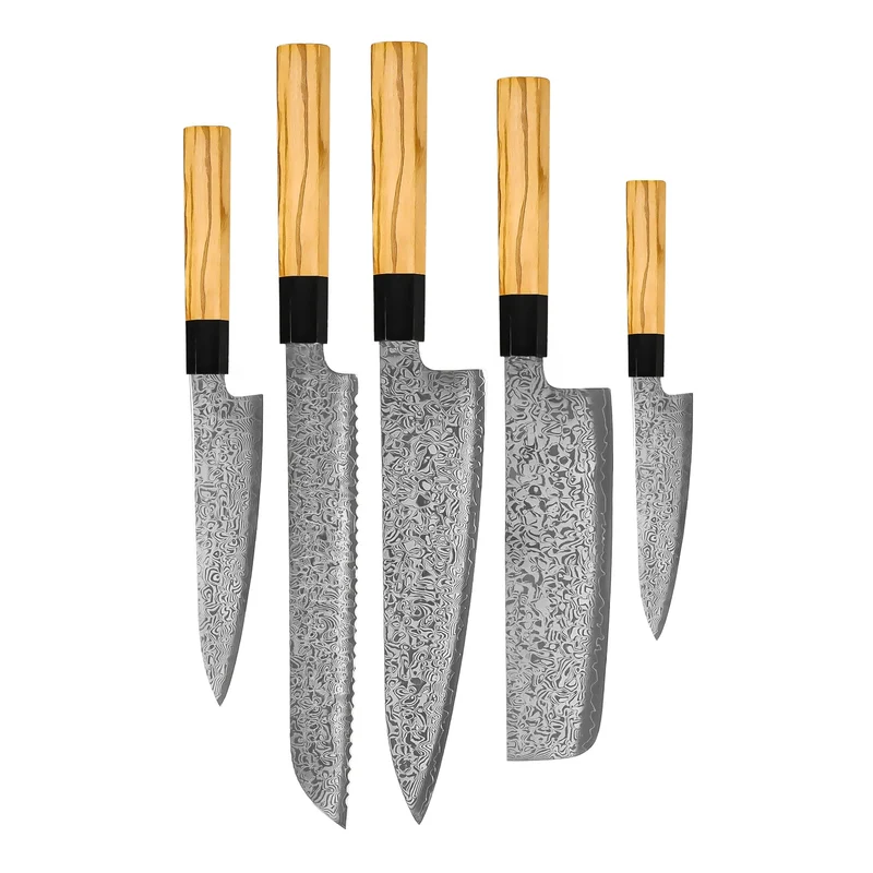 Shinrai Knives – Takumi Kaza 5-teiliges Damastmesser-Set – Kochmesser + Brotmesser + Nakiri + Schälmesser + Schälmesser
