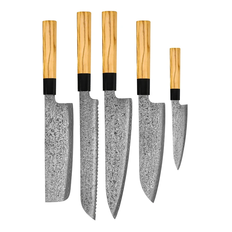 Shinrai Knives – Takumi Kaza 5-teiliges Damastmesser-Set – Kochmesser + Brotmesser + Nakiri + Santoku + Schälmesser