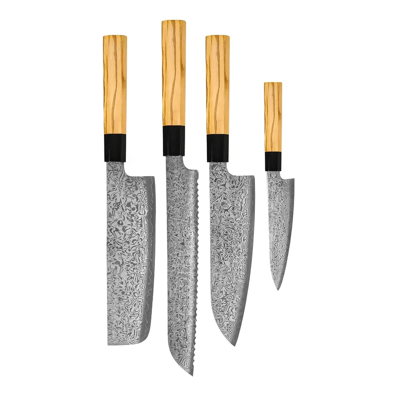 Shinrai Knives – Takumi Kaza 4-teiliges Damastmesser-Set – Santoku + Brotmesser + Nakiri + Schälmesser