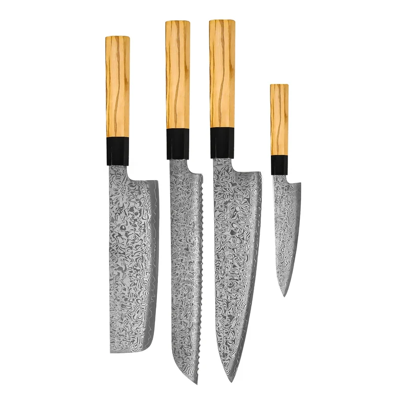 Shinrai Knives – Takumi Kaza 4-teiliges Damastmesser-Set – Kochmesser + Brotmesser + Nakiri + Schälmesser