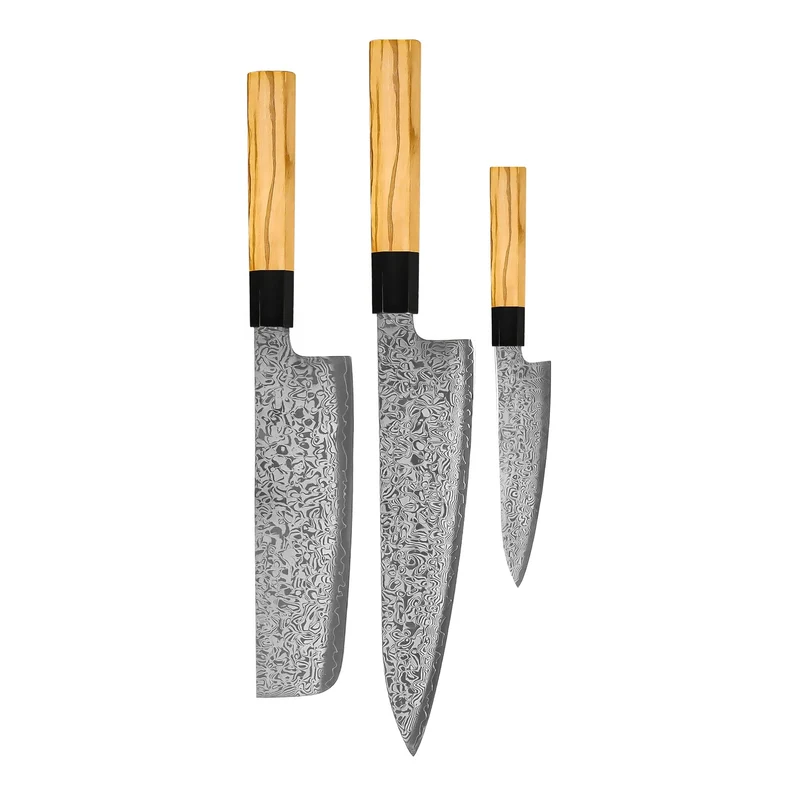 Shinrai Knives – Takumi Kaza 3-teiliges Damastmesser-Set – Kochmesser + Nakiri + Schälmesser
