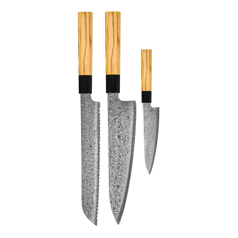 Shinrai Knives – Takumi Kaza 3-teiliges Damastmesser-Set – Kochmesser + Brotmesser + Schälmesser