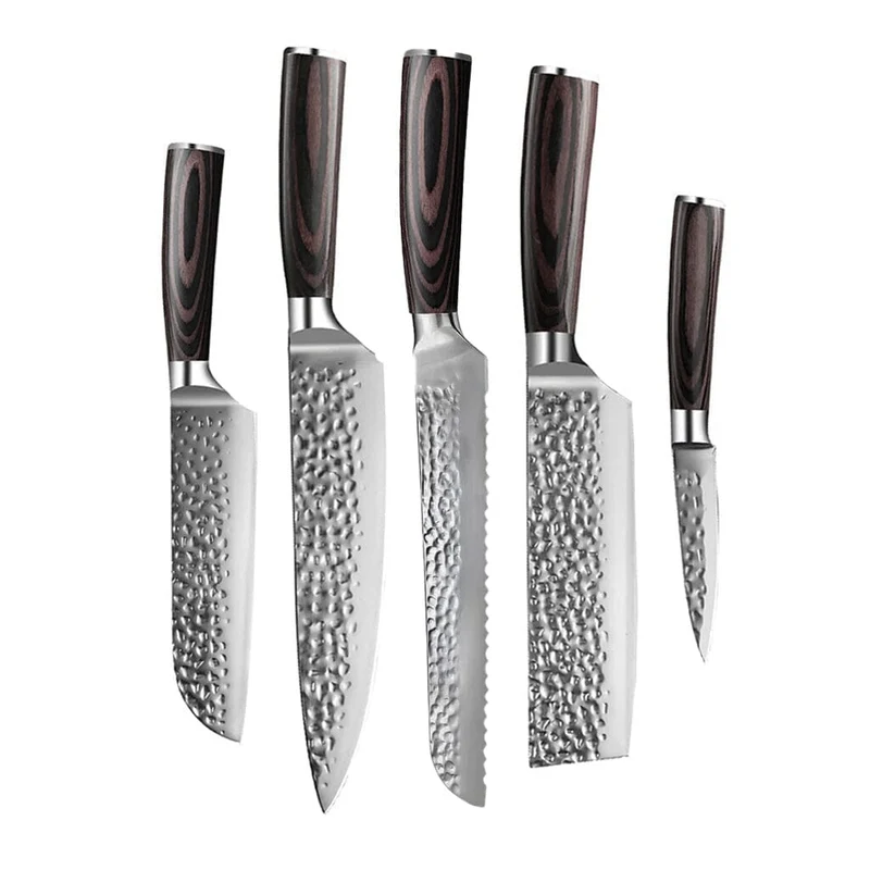 Shinrai Knives – 5-teiliges Messerset aus gehämmertem Edelstahl – Kochmesser + Brotmesser + Nakiri + kleines Santoku + Schälmesser