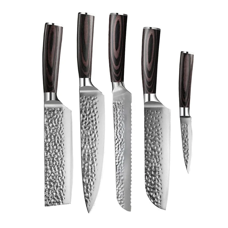 Shinrai Knives – 5-teiliges Messerset aus gehämmertem Edelstahl – Kochmesser + Brotmesser + Nakiri + Santoku + Schälmesser