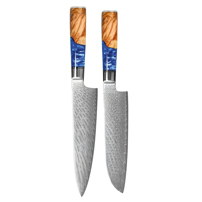 Shinrai Knives – Epoxy Saphir 2-teiliges Damastmesser-Set – Kochmesser + Santokumesser